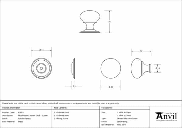 Polished Brass Mushroom Cabinet Knob 32mm 3