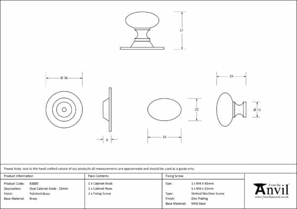 Polished Brass Oval Cabinet Knob 33mm 3