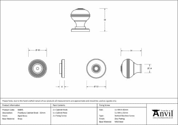 Aged Brass Prestbury Cabinet Knob 32mm 3