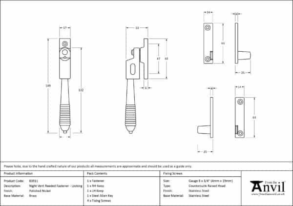 Polished Nickel Night-Vent Locking Reeded Fastener 3