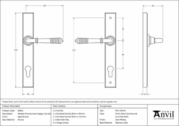 Aged Bronze Reeded Slimline Lever Espag. Lock Set 3