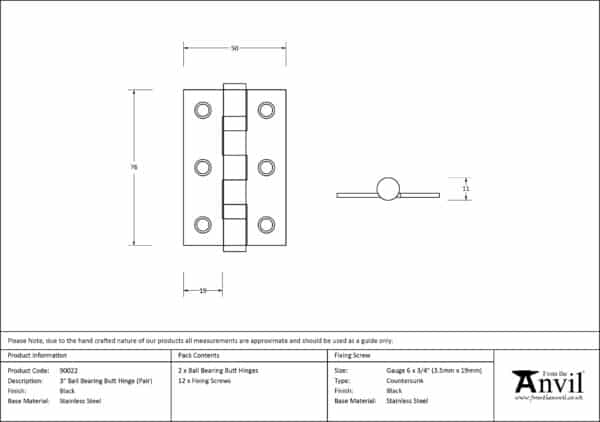 Black 3" Ball Bearing Butt Hinge (Pair) ss 3