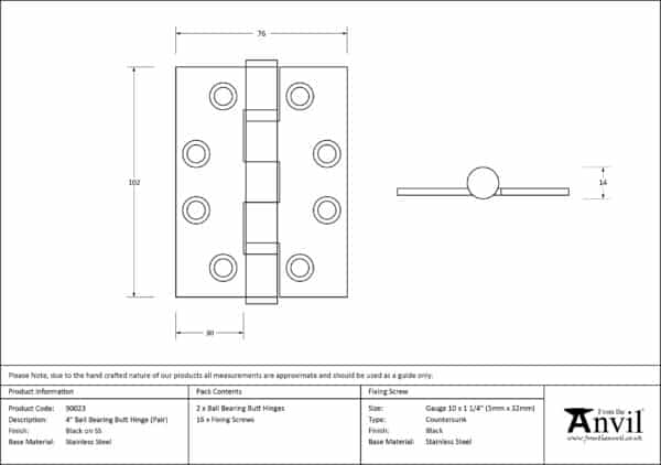 Black 4" Ball Bearing Butt Hinge (Pair) ss 3