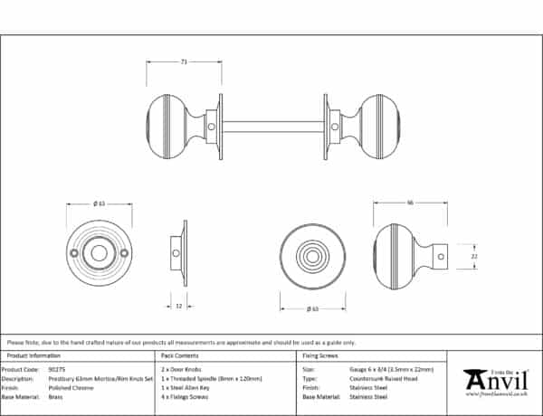 Polished Chrome 63mm Prestbury Mortice/Rim Knob Set 3