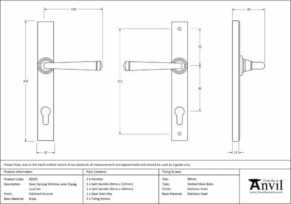 Polished Chrome Avon Slimline Lever Espag. Lock Set 3