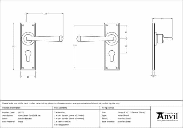 Polished Nickel Avon Lever Euro Lock Set 3