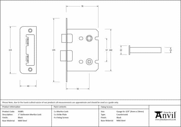 Black 3" Bathroom Mortice Lock 2