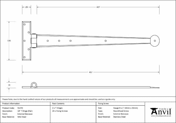 External Beeswax 18" Penny End T Hinge (pair) 2