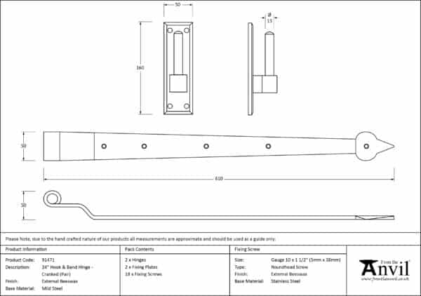 External Beeswax 24" Hook & Band Hinge - Cranked (pair) 3