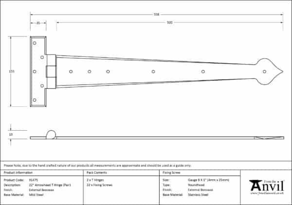 External Beeswax 22" Arrow Head T Hinge (pair) 3