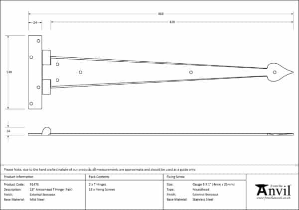 External Beeswax 18" Arrow Head T Hinge (pair) 2