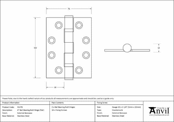 External Beeswax 4" Ball Bearing Butt Hinge (pair) 3