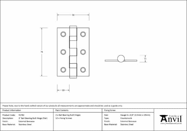 External Beeswax 3" Ball Bearing Butt Hinge (pair) 3