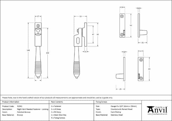 Polished Bronze Night-Vent Locking Reeded Fastener 3