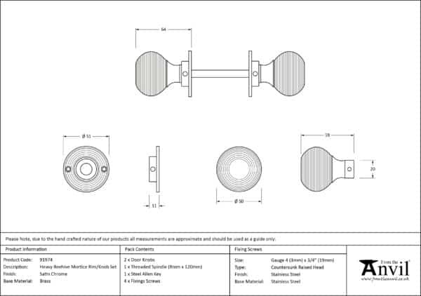 Satin Chrome Heavy Beehive Mortice/Rim Knob Set 3