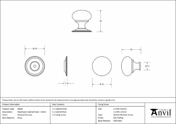 Polished Chrome Mushroom Cabinet Knob 32mm 3