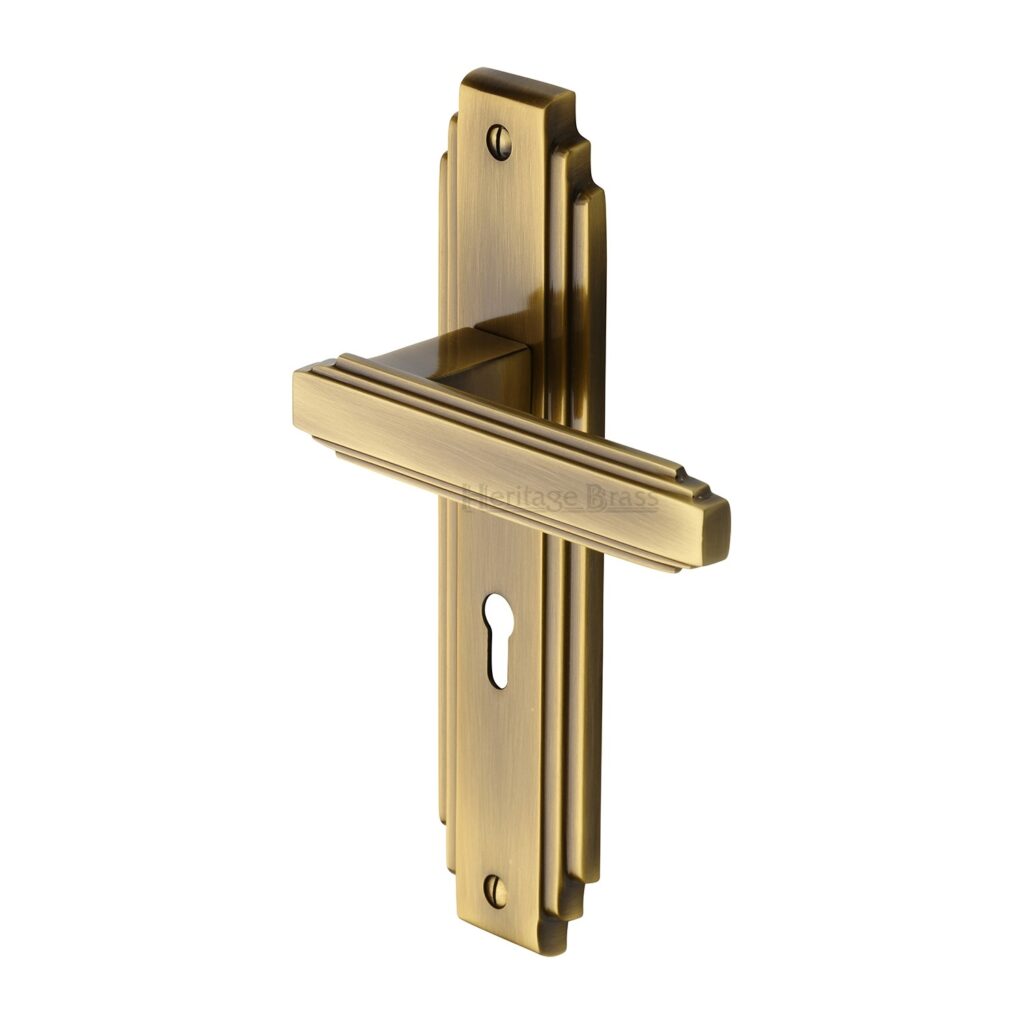Heritage Brass Door Handle Lever Lock Astoria Design Satin Nickel Finish 1