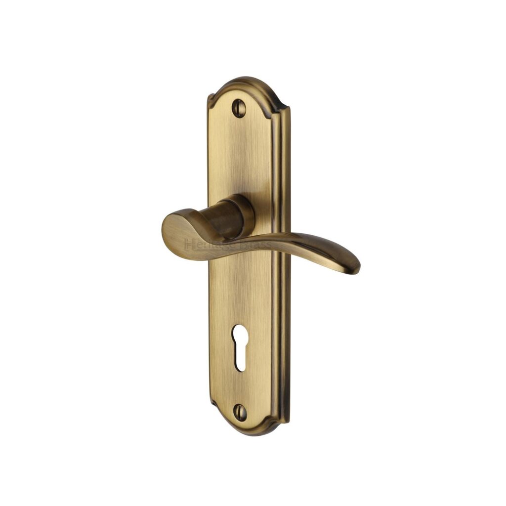 Heritage Brass Door Handle for Bathroom Metro Design Satin Brass Finish 1