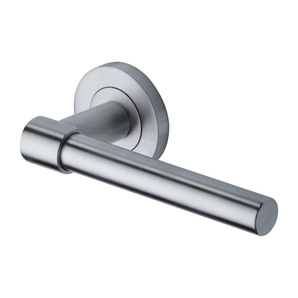 Sorrento Door Handle Lever Latch on Round Rose Trino Design Satin Chrome Finish 1