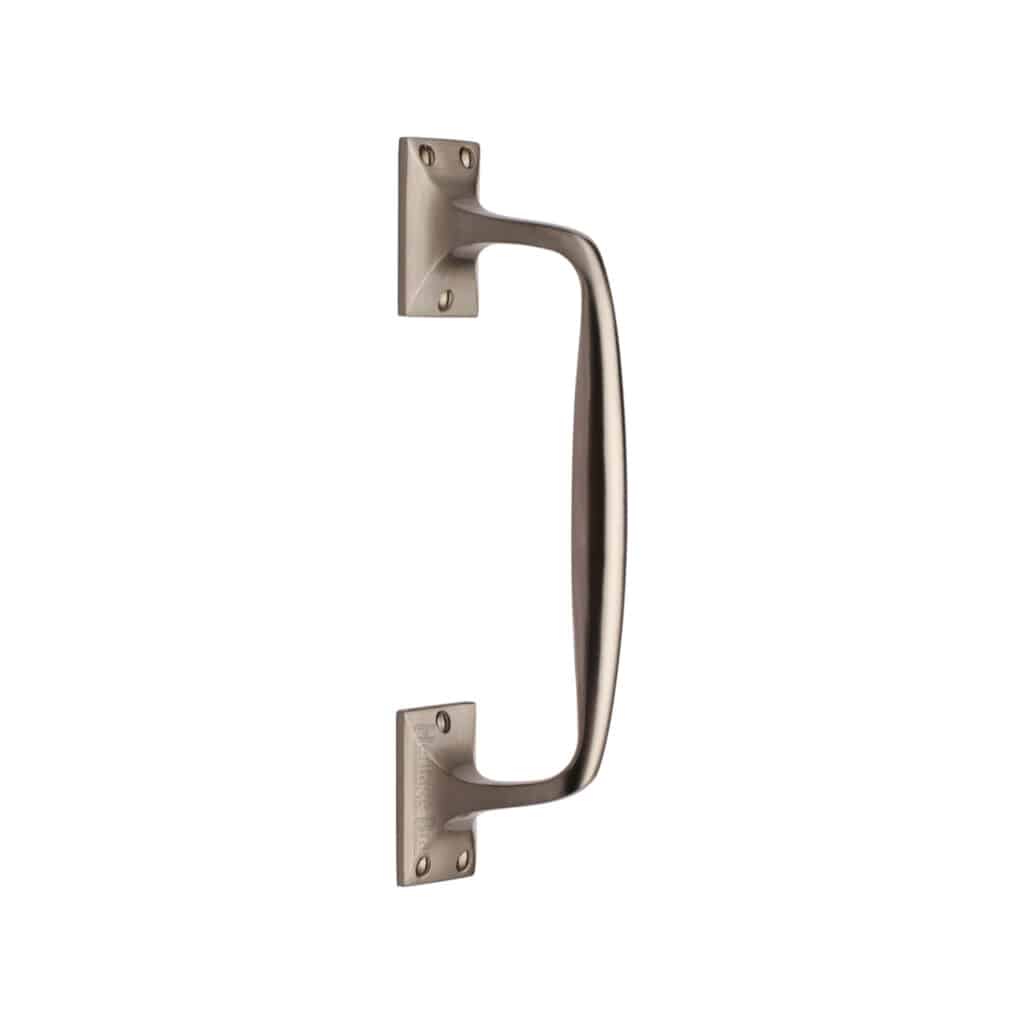 Heritage Brass Door Handle Lever Latch on Round Rose Bauhaus Mitre Knurled Design Satin Nickel Finish 1