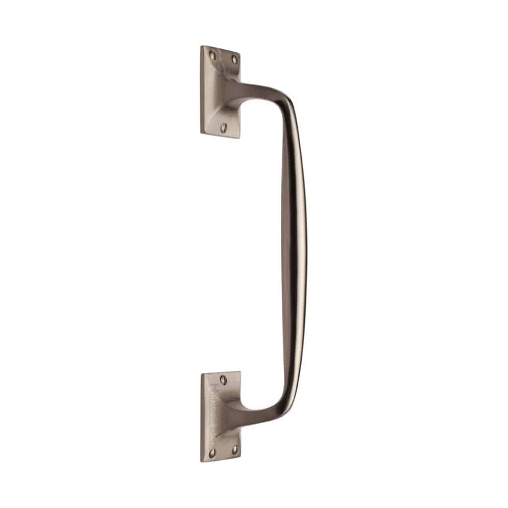 Heritage Brass Door Handle Lever Latch on Round Rose Bauhaus Mitre Reeded Design Satin Nickel Finish 1