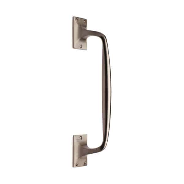 Heritage Brass Door Handle Lever Latch on Round Rose Bauhaus Mitre Reeded Design Satin Nickel Finish 1