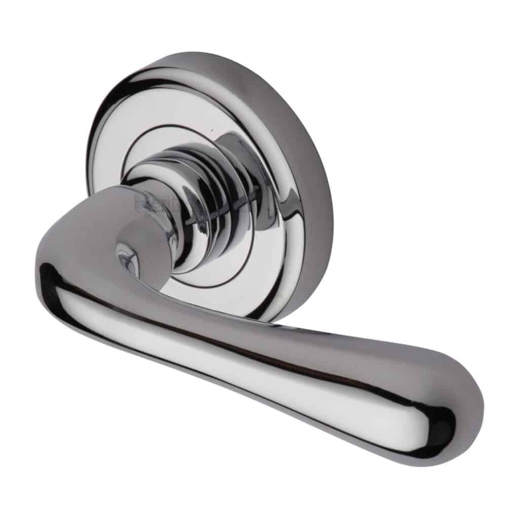 Heritage Brass Door Handle Lever Latch on Round Rose Julia Design Polished Brass Finish 1