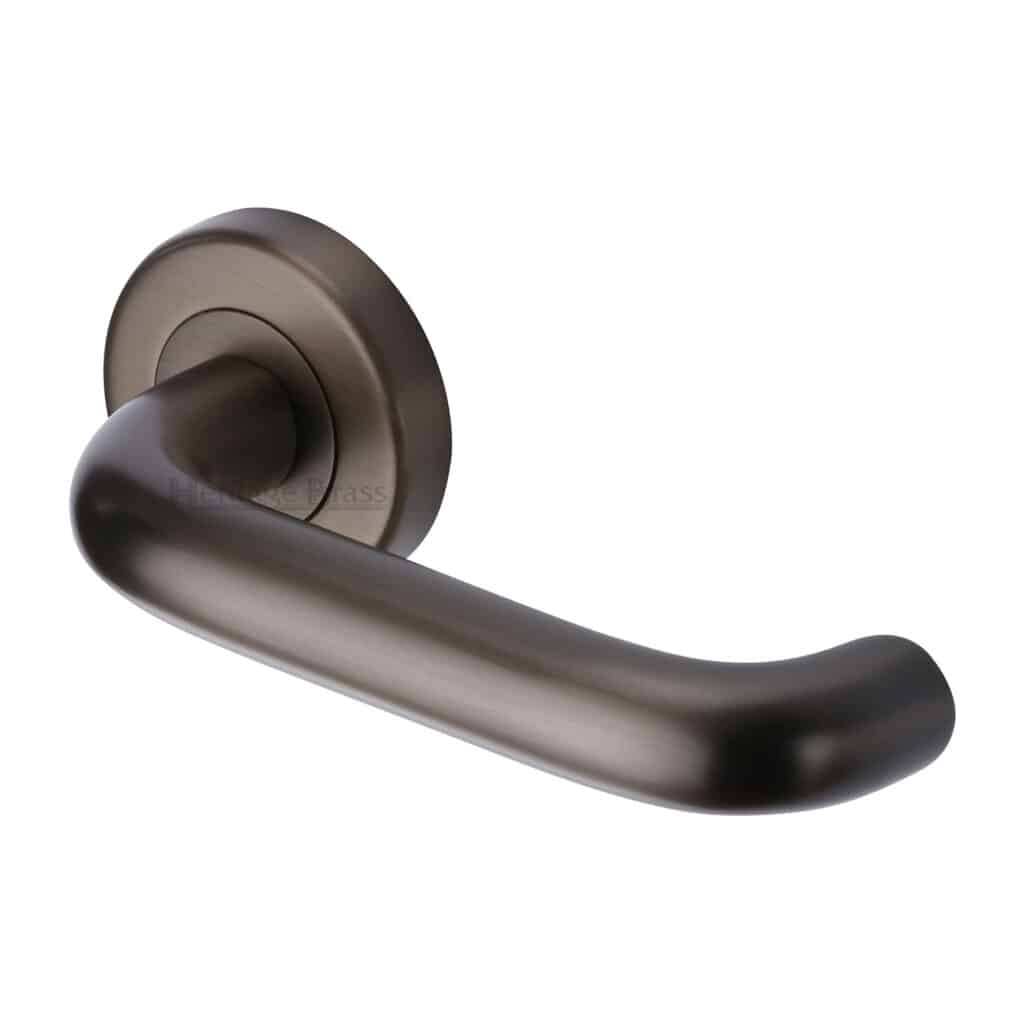 Heritage Brass Door Handle Lever Latch on Round Rose Julia Design Satin Brass Finish 1