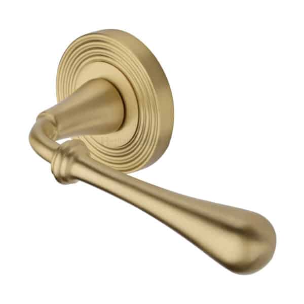 Heritage Brass Door Handle Lever Latch on Round Rose Roma Reeded Design Satin Brass finish