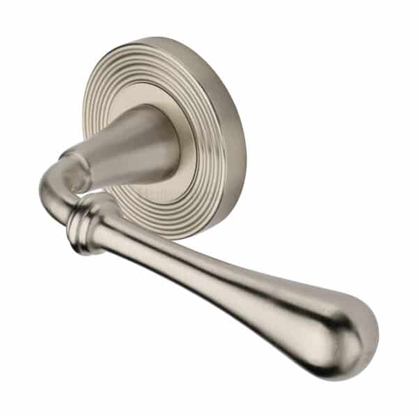 Heritage Brass Door Handle Lever Latch on Round Rose Roma Reeded Design Satin Nickel finish