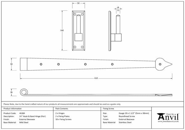 External Beeswax 24" Hook & Band Hinge (pair) 3