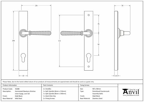 Matt Black Hammered Newbury Slimline Espag. Lock Set 3