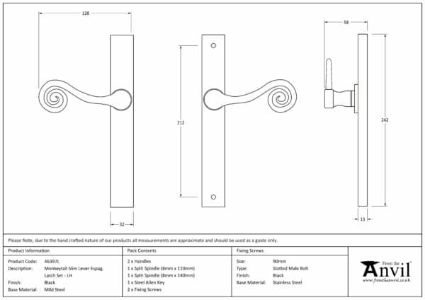 Black Monkeytail Slimline Lever Espag. Latch Set - LH 3