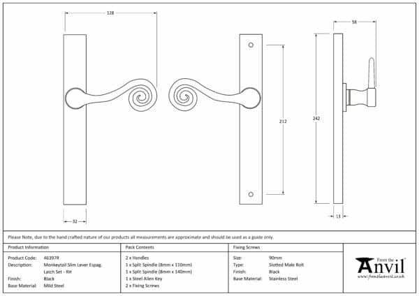 Black Monkeytail Slimline Lever Espag. Latch Set - RH 3