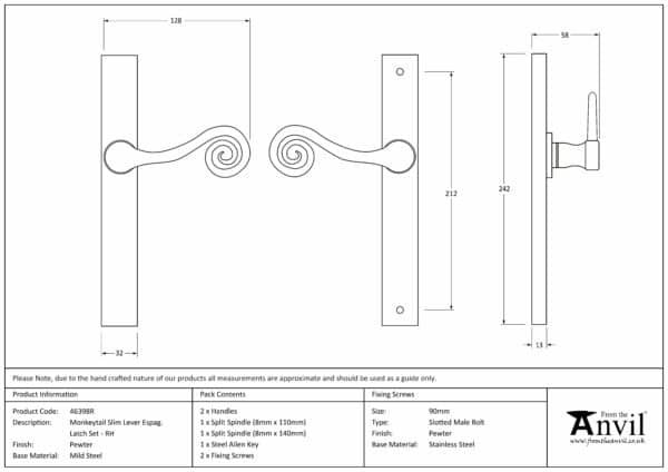 Pewter Monkeytail Slimline Lever Espag. Latch - RH 3