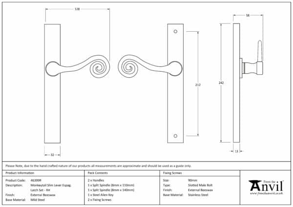 External Beeswax Monkeytail Slimline Lever Espag. Latch Set -RH 3