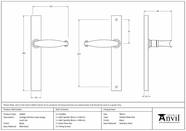 Black Cottage Slimline Lever Espag. Latch Set 2