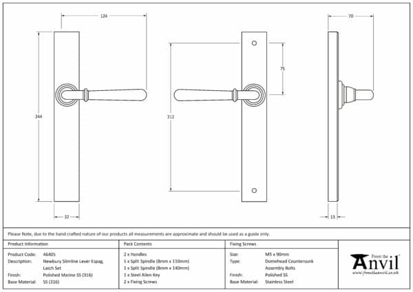 Polished Marine SS (316) Newbury Slimline Lever Espag. Latch Set 3