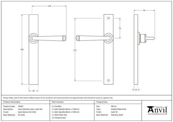 Satin Marine SS (316) Avon Slimline Lever Espag. Latch Set 3