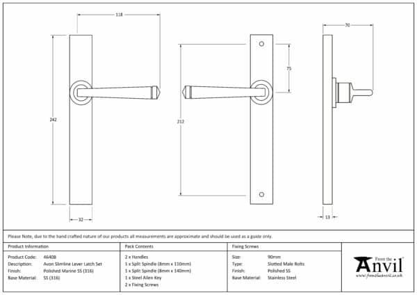 Polished Marine SS (316) Avon Slimline Lever Espag. Latch Set 3