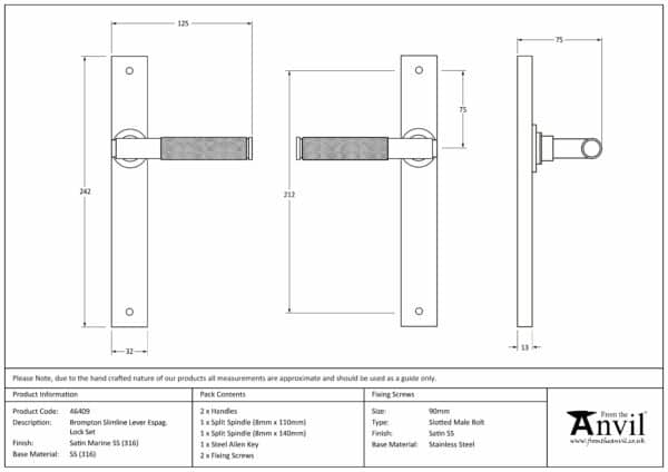 Satin Marine SS (316) Brompton Slimline Lever Espag. Latch Set 3