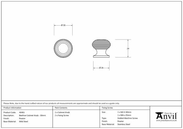 Pewter Beehive Cabinet Knob 30mm 3