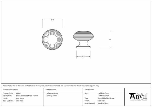 Matt Black Beehive Cabinet Knob 40mm 3