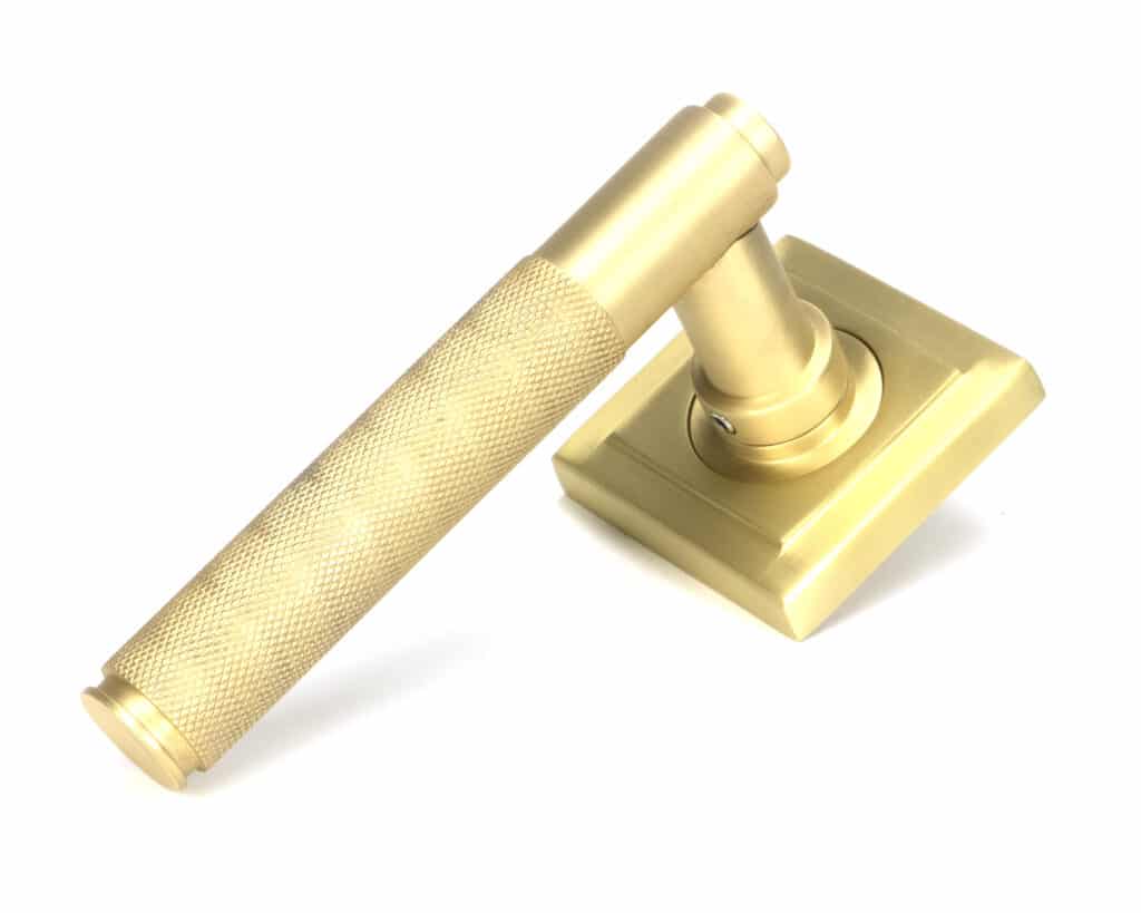 Satin Brass Brompton Lever on Rose Set (Square) 1