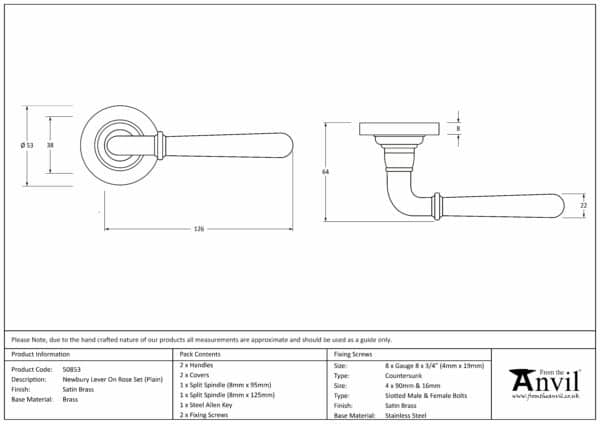 Satin Brass Newbury Lever on Rose Set (Plain) 3