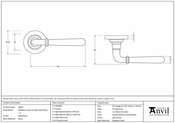 Satin Brass Newbury Lever on Rose Set (Plain) - Unsprung 3