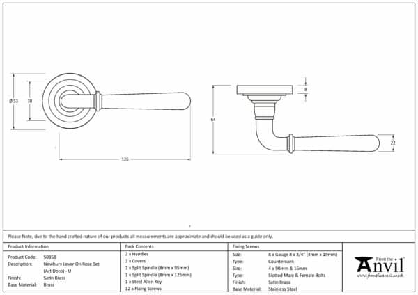 Satin Brass Newbury Lever on Rose Set (Art Deco) - Unsprung 3