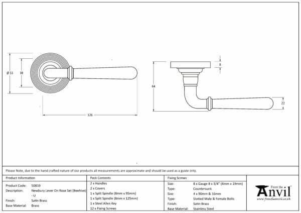 Satin Brass Newbury Lever on Rose Set (Beehive) - Unsprung 3