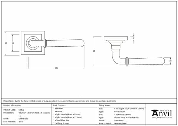 Satin Brass Newbury Lever on Rose Set (Square) - Unsprung 3