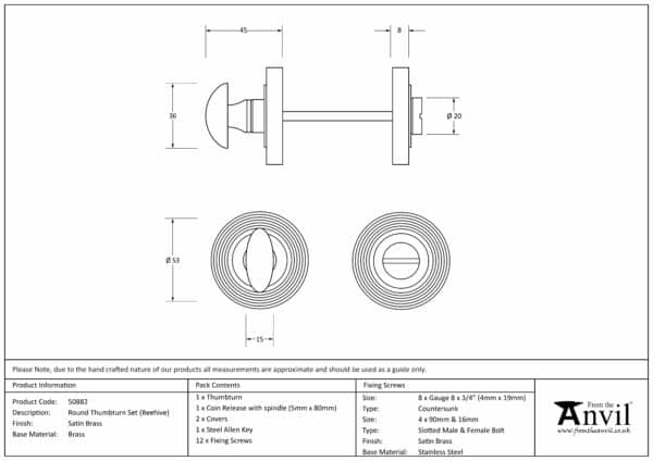 Satin Brass Round Thumbturn Set (Beehive) 3